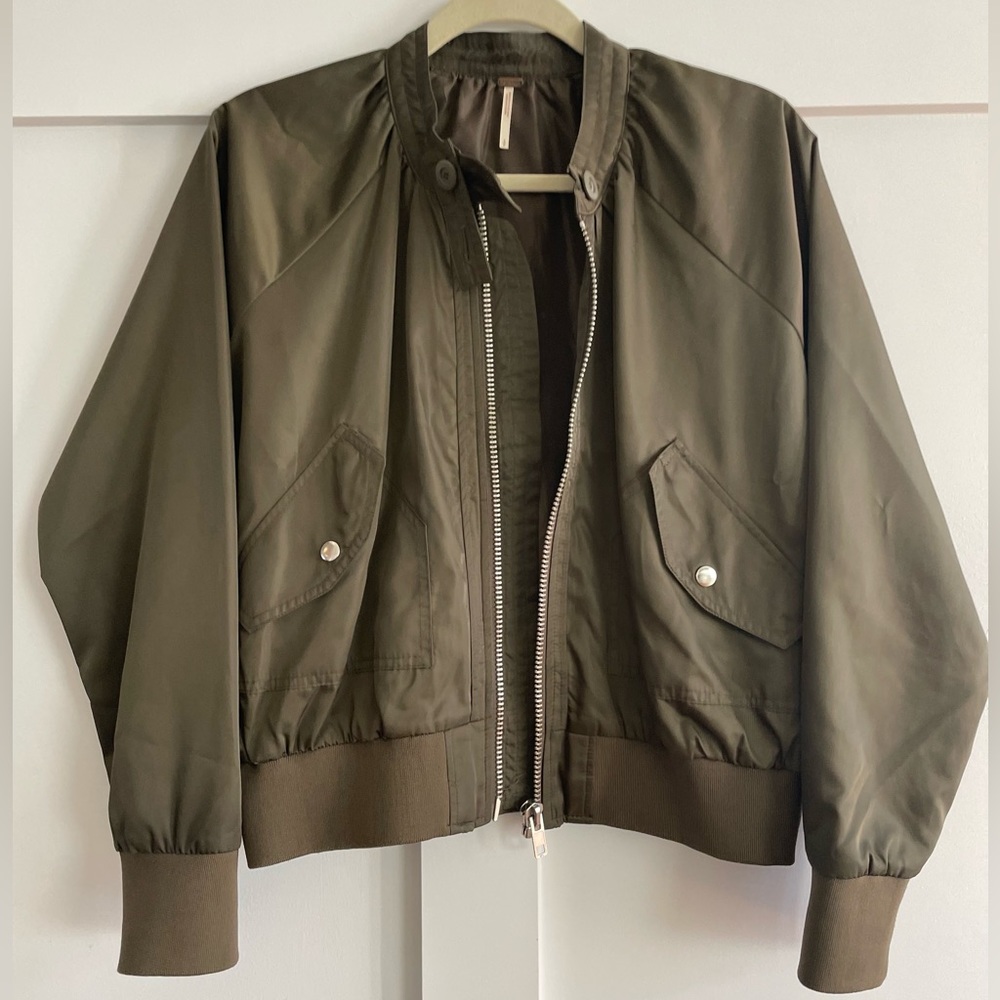Free People Midnight Bomber Jacket Olive Green Small S Zip Up Front - Picture 2 of 8